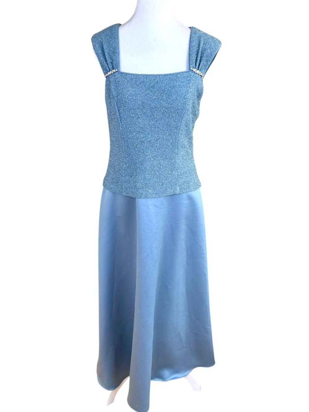 Vintage Patra Gown Blue Satin Shimmer Square Neck Rhinestone (8)